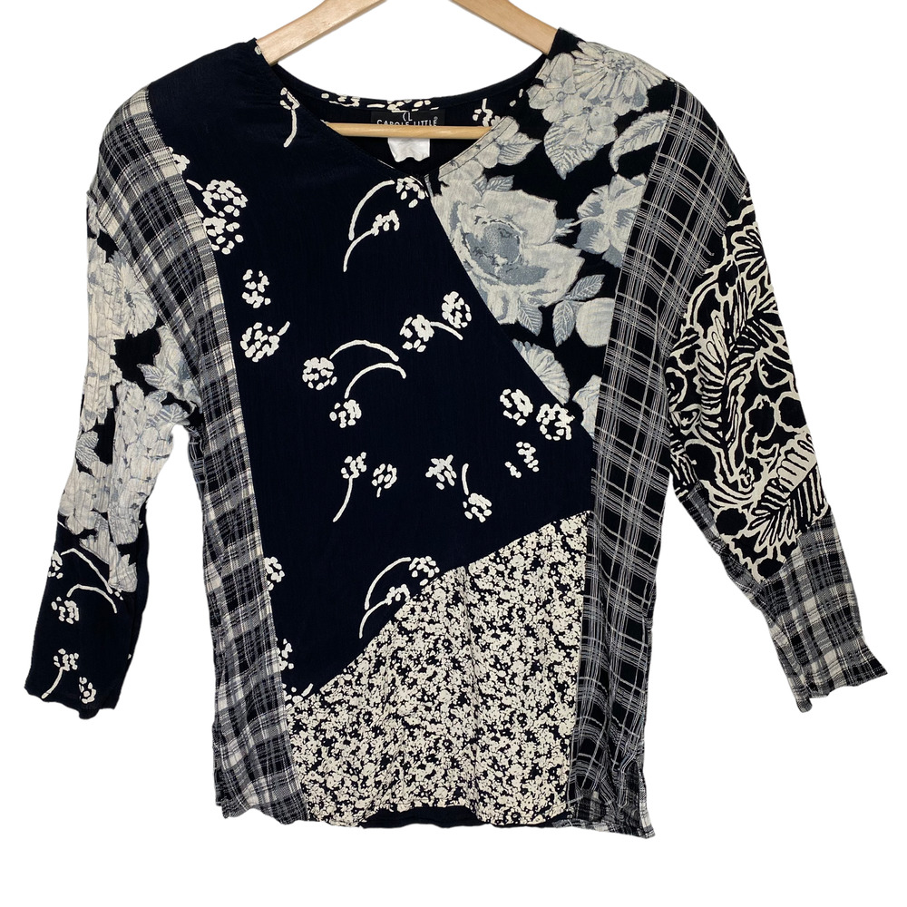 Vintage Carole Little Petites Patchwork Top Black Ivory Grey 3/4 Sleeve, size 4P